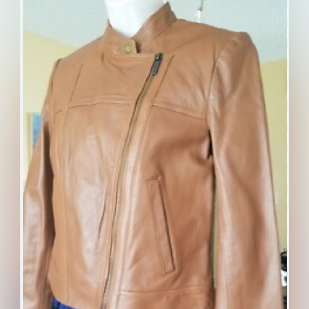 Michael Kors Cognac Brown Leather Moto Jacket Size Small
